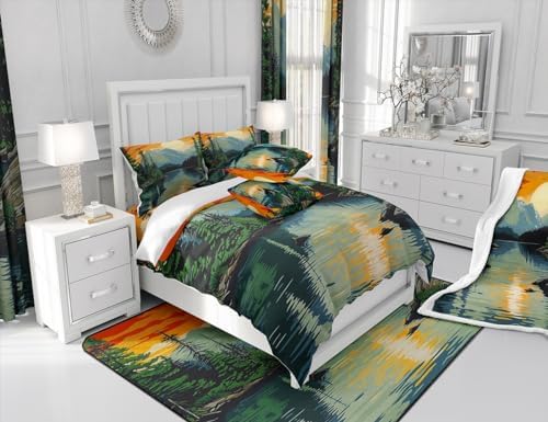 Happy Camping Bedding Set Full Size,Mountain River Vintage Comforter Set for Kids Teens Adults Room Decor,Lake House Adventure Theme Duvet Insert 3Pcs,Sunset Natural Scenery Quilt Set,2 Pillowcases