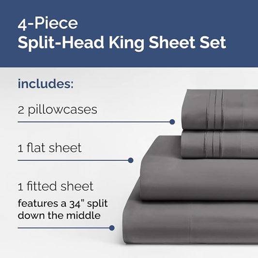 Flex Top Split Head King 4 Piece Sheet Set - Comfy Breathable & Cooling Bed Sheets Set - Hotel Luxury Bedding for Women, Men, Kids, Teens, Boys & Girls - Deep Pockets, Soft and Oeko-Tex - Dark Grey