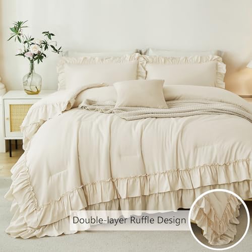 ANGIYUIN 5Pcs Beige Full Ruffle Bed in A Bag Double Ruffled Comforter Sets Solid Farmhouse Bedding Set for Girls Women Soft Lightweight Fluffy Girls Bed Sets with Sheet Sets(Beige Full)