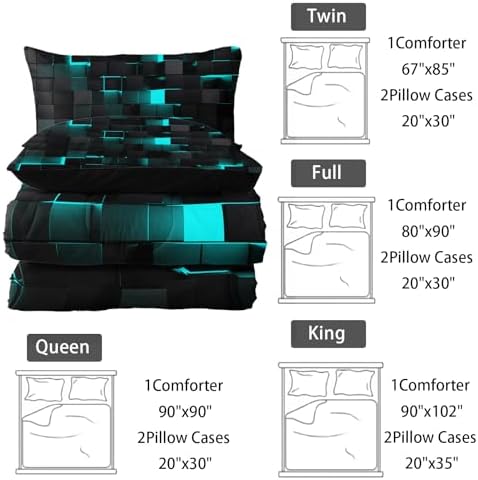 Nttopship Neon Turquoise Black Comforter Set Queen Geometric Kids Bedding Set,3 PCS Geometry Honeycomb Bed Set Modern Quilt Set 1 Comforter 2 Pillow Cases Cool Room Decor All Season B-Side Black