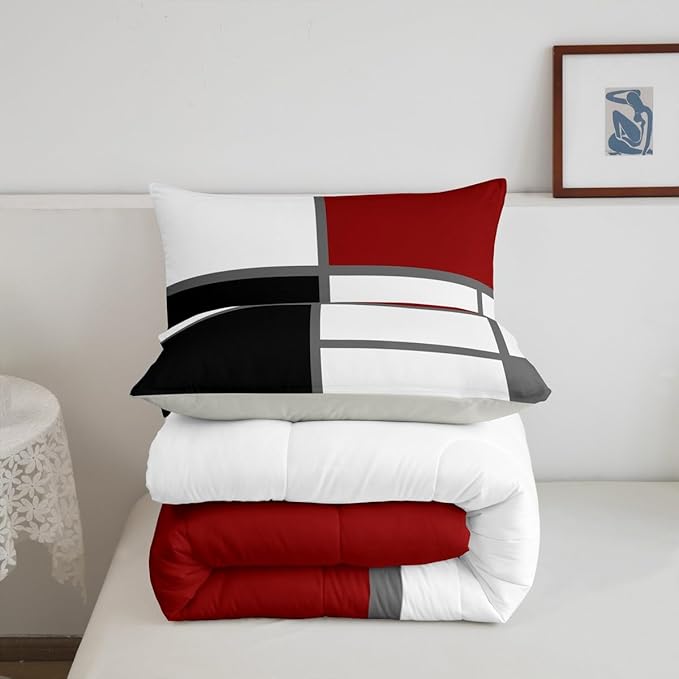 Erosebridal Geometric Abstract Queen Comforter Set for Adult Women Men Red and White Striped Bedding Set Square Grid Bed Set Modern Art Patchwork Quilt Set for Minimalist
