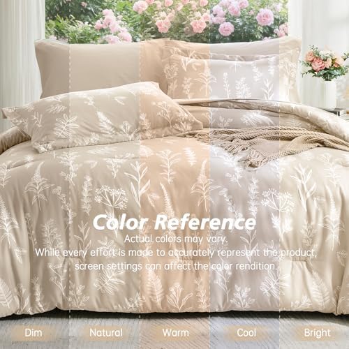 MUXHOMO Beige King Comforter Set, Elegant Floral Print Bed in a Bag 7 Pieces, Ultra Soft & Breathable Reversible Botanical Pattern Bedding Set with Comforter, Sheets, Pillowcases, and Shams