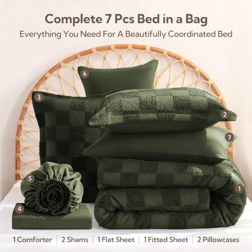MR&HM Queen Comforter Set 7 Pieces, Checkered Boho Bed Set Dark Olive Green
