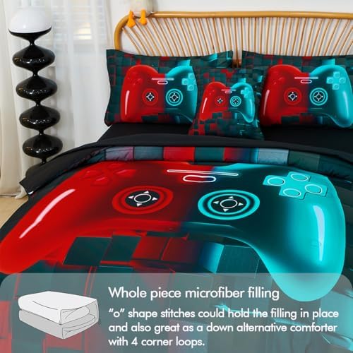 PERFEMET 6 Piece Gamer Bed Set Twin Red Teal Game Console Kids Bed in A Bag