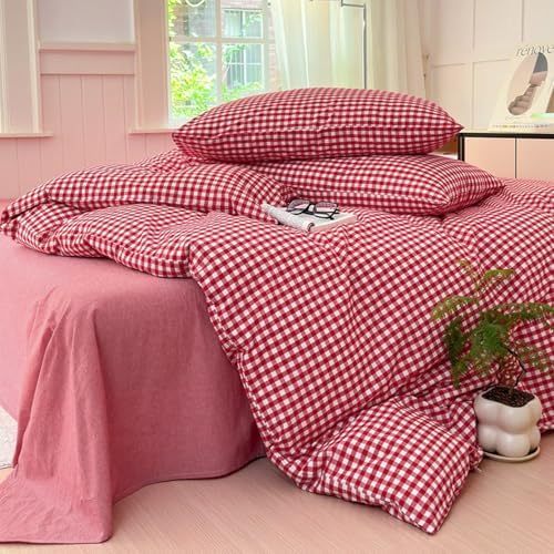 LifeTB Queen Comforter Set Red Gingham Comforter Modern Style Plaid Boho Comforter Set 3 Pieces Fluffy Grid Checkered Comforter with 2 Pillowcases Farmhouse Gingham Bedding Set Queen Size