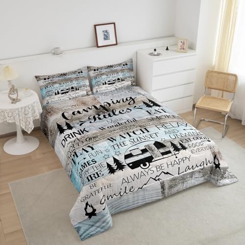 Happy Camping Camper Kids Comforter Set King Size,Rustic Farmhouse Adventure Cabin Bedding Set,Girls Boys Room Decor,Wooden Plank Cottage Lake House Quilt Comforter,Vintage Duvet Insert,2 Pillowcases