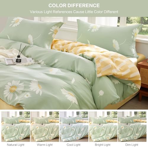 SAPHREAS Green Duvet Cover Set Queen Size 3pcs White Daisy Floral Printed Bedding Comforter Cover Set 100% Cotton 1 Duvet Cover 90"x90" 2 Pillow Shams, Comforter Not Included