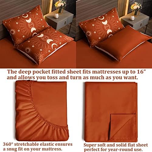 Celestial Bdding 7 Pieces Burnt Orange Comforter Set Boho Bedding Witchy Bedding Set Hippie Bed Set Starry Galaxy Comforter Set Queen Sun and Moon Bed Set Full