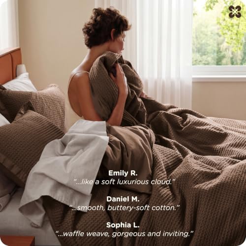 Bedsure PureWoven 3 Pieces 100% Cotton Waffle Duvet Cover Set, Queen, Brown
