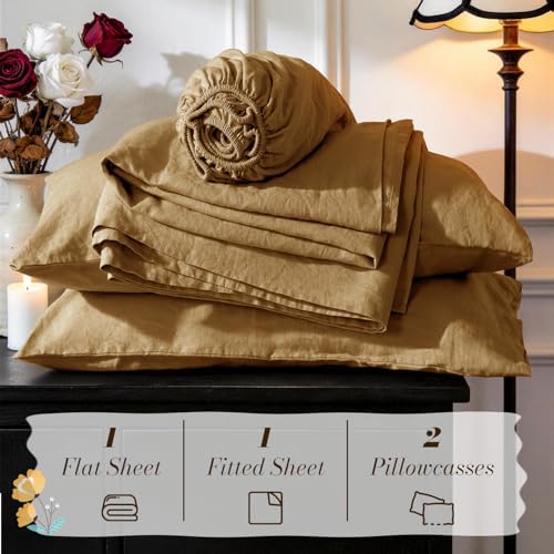 SONORO KATE 100% French Linen Full Size Sheets Set,Natural Flax Bedding