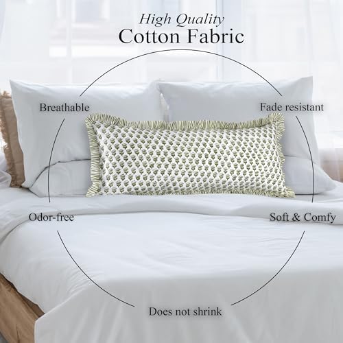 CPC Block Print Emerald Green Ruffle Cotton Lumbar Pillow Cover 14x36 inch