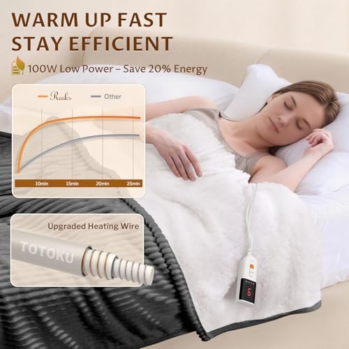 Reaks Heated Blanket Full, 9 Heat Levels, 2-10H Auto-Off, 72"x84", Grey