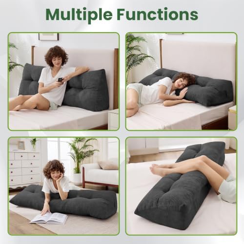 Headboard Pillow King, Triangle Bed Wedge Pillow for Headboard, Backrest Pillow for Sitting, Reading, Working, Daybed Pillows for Bed, Dorm, Sofa, Black
