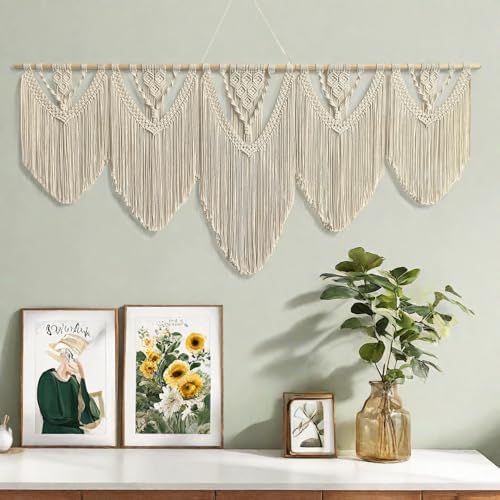 Extral Large macrame wall hanging, 71'' W x 32'' L boho wall art tapestry wall decor for urban entryway,living room,bedroom decor, headboard woven wall art, big fiber art over couch art for Yarn hallway (Beige-C)