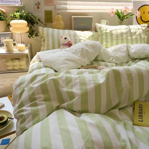 VM VOUGEMARKET Kids Teens Duvet Cover Twin Size Green White Striped Bedding Set Green Stripes Comforter Cover 68"x86"