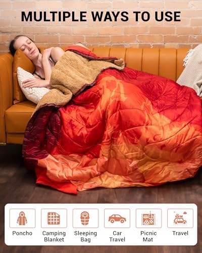 KingCamp Large Camping Blanket with Sherpa Lining, Orange 79"x 57"