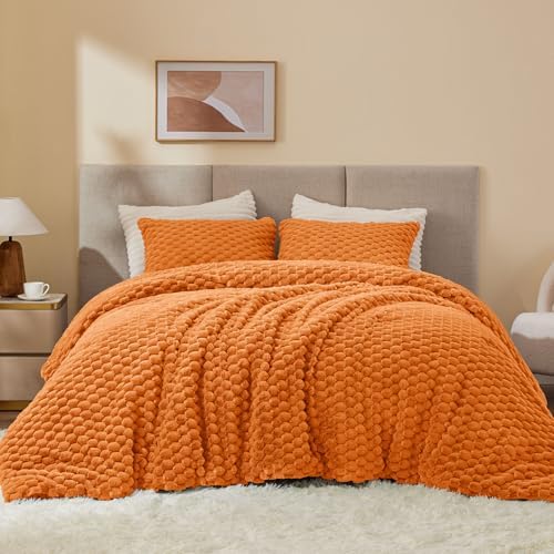 BEDELITE Fluffy King Comforter Set, Burnt Orange Fleece Bed Set 3 Pieces