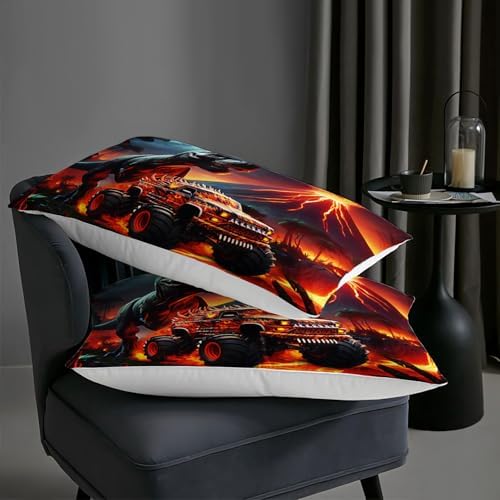 AILONEN Cartoon Monster Trucks Bedding Set for Kids,Boys,Girls Twin Size, Fire Dinosaur Comforter Set for Bedroom Decor,Boho Style Duvet Set,3-Piece, 1 Quilt and 2 Pillowcases,Breathable