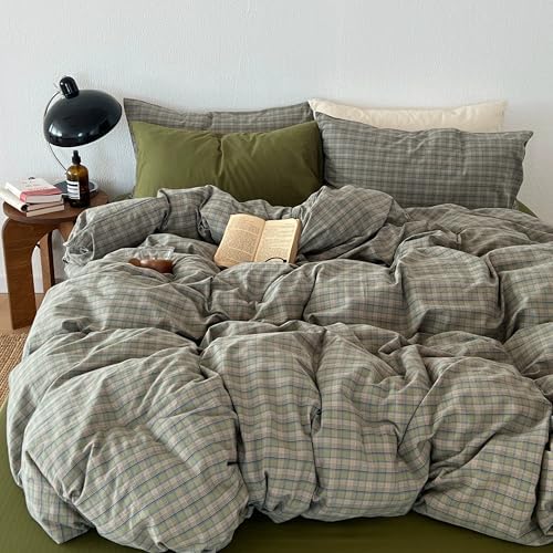 mixinni Vintage Green Buffalo Plaid Duvet Cover Set King Size - 3 Piece Mid-Century Washed Cotton Bedding Set with Grid Pattern, Ultra Soft & Breathable Duvet Cover with Pillowcases for All Seasons