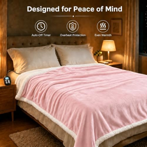 Electric Heated Blanket Twin Size 62" x 84", Soft Flannel Heating Blanket for Bed, Sofa, Bedroom, 10 Heat Settings, 1-12H Auto Shut Off, Overheat Protection, Machine Washable, Light Pink
