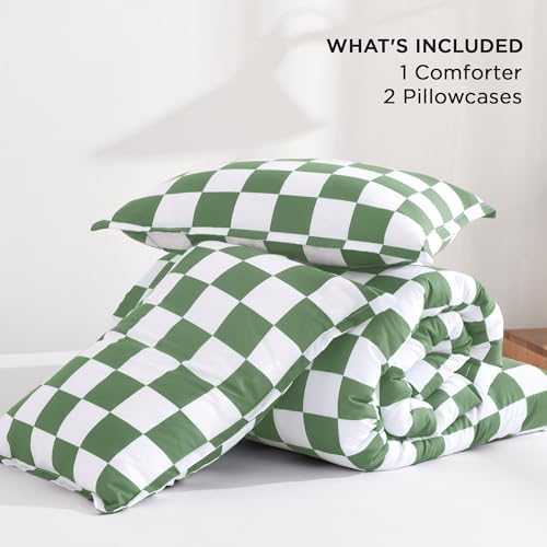 Andency Checkered Comforter Queen, Green White Gingham Plaid Bedding Set