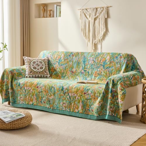 VANJOROY Boho Throw Blanket, 100% Organic Cotton Breathable Skin-Friendly Ultra Soft 50" x 60" Bed Quilt Green Leaf Throw - Floral Luxury Reversible Blanket for Sofa Couch Chair and Gift,