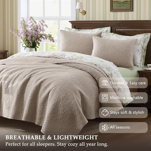 WDCOZY King 100% Cotton Paisley Quilt Bedding Set Beige Comforter