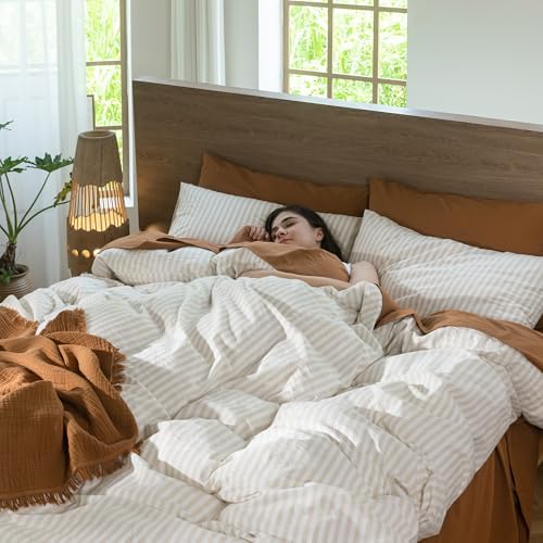 MooMee Striped Duvet Cover Set 100% Washed Cotton Linen Like King