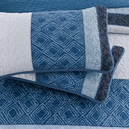 Cottolester Navy Blue Full Quilt Set,Striped Plaid Bedspread Coverlet Set