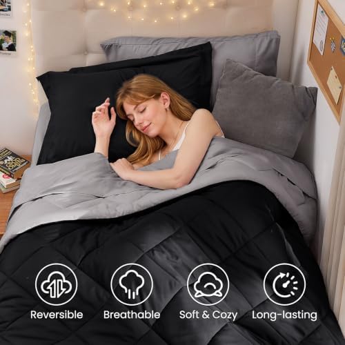MUXHOMO 5 Pieces Twin XL Comforter Set, Reversible Bed in a Bag Twin XL Size, All Season Bedding Set with Comforter, Flat Sheet, Fitted Sheet, Pillowcases & Shams, Black & Soot