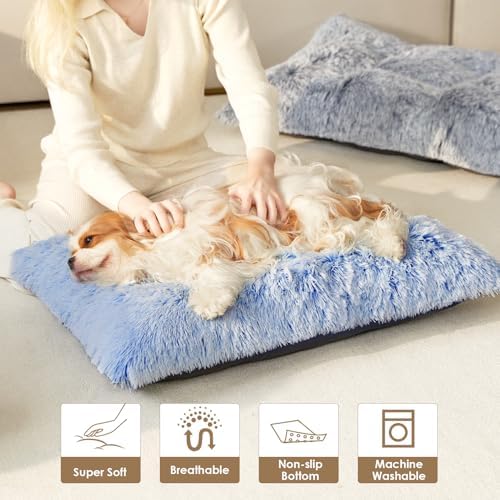 EHEYCIGA Fluffy Dog Crate Bed, Plush Extra Large Dog Pillow, Blue