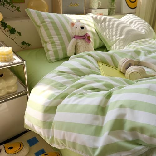 Green Striped Comforter Set Twin XL, 3 Piece Aesthetic Stripes Pattern Printed Comforter with 2 Pilliwcases, Soft Breathable Farmhouse Striped Bedding Comforter Lightweight Twin XL Comforter Set