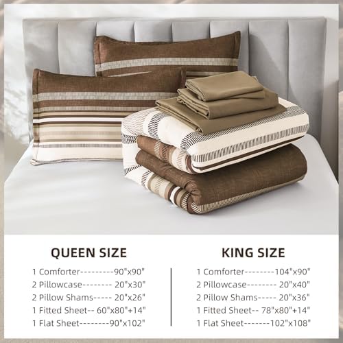 Dobuyly Brown Comforter Set Queen Size 7 Piece, Boho Striped Bed in a Bag Queen Soft Microfiber Chocolate Brown Bedding Sets with Comforter, Sheets, Pillowcases & Shams All Season