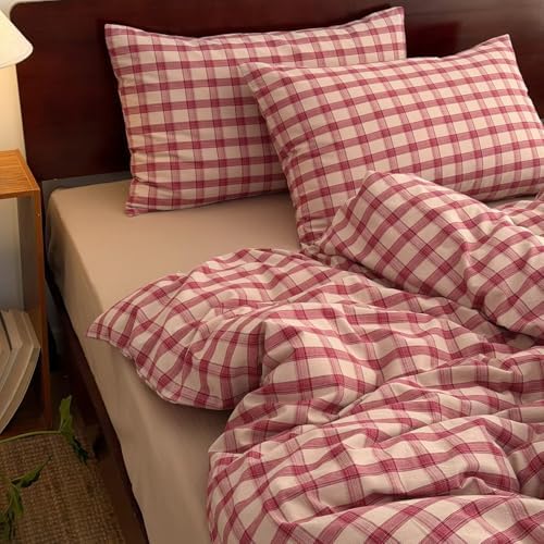 Mucalis Red Gingham Plaid Duvet Cover Queen Washed Cotton 3-Piece Beige Checkered Bedding Set Full Zipper Closure,Soft Breathable Grid Patterned Comforter Cover (1 Duvet Cover+2 Pillowcases)