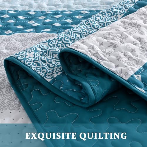 WONGS BEDDING Teal Blue Queen Size Quilt Set, Boho Striped Bedspread