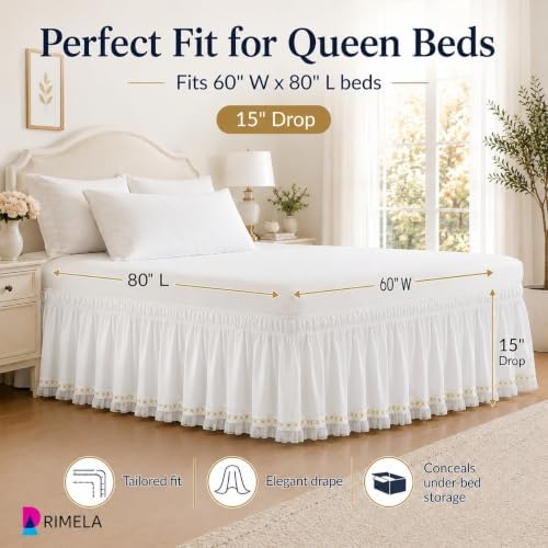 Lace Trim Bed Skirt Queen 15" Drop, Elastic Wrap Around Bedskirt