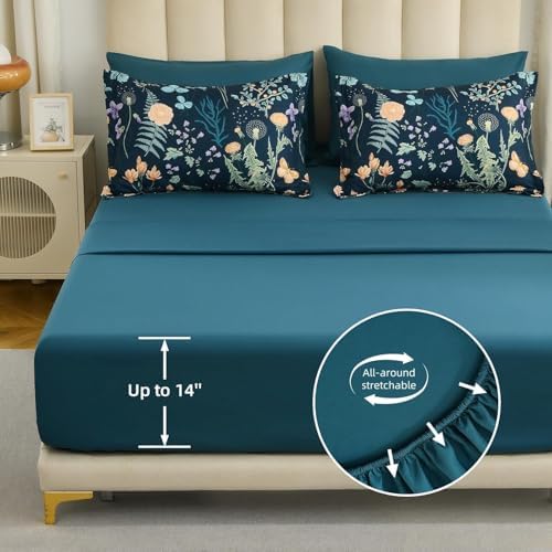 Yiran California King Comforter Set Peacock Blue, 7 Piece Summer Floral Comforters Bedding Set, Oversized King Bed in a Bag with Flowers Soft Lightweight Complete Set with Sheets for All Season