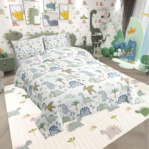 Cute Dinosaur Kids Comforter Set Queen Size,Cartoon Dino Wild Animals Super Soft Bedding Set for Adults Teens,Watercolor Sketching Hand Drawn Double Sides Print Down Comforter,2 Pillowcases