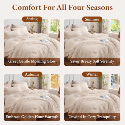 JOLLYVOGUE Beige Queen Comforter Set, 3 Pieces Seersucker Comforters Queen Size, Lightweight & Fluffy Bedding Sets Queen for All Season with 1 Ruffle Comforter and 2 Ruffle Pillowshams