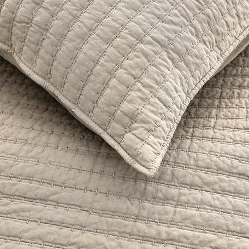 WDCOZY 100% Cotton Twin Size Quilt Set, Channel Pick Stitch, Beige Flax