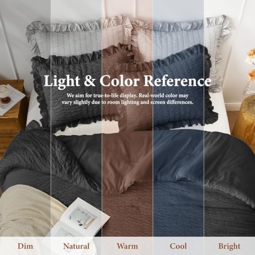 JOLLYVOGUE Black King Comforter Set, 3 Pieces Seersucker Comforters King Size, Lightweight & Fluffy Bedding Sets King for All Season with 1 Ruffle Comforter and 2 Ruffle Pillowshams