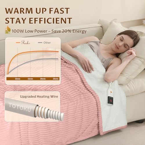 Reaks Heated Blanket Twin, 9 Heat Levels, 2-10H Auto-Off, 62"x84", Pink