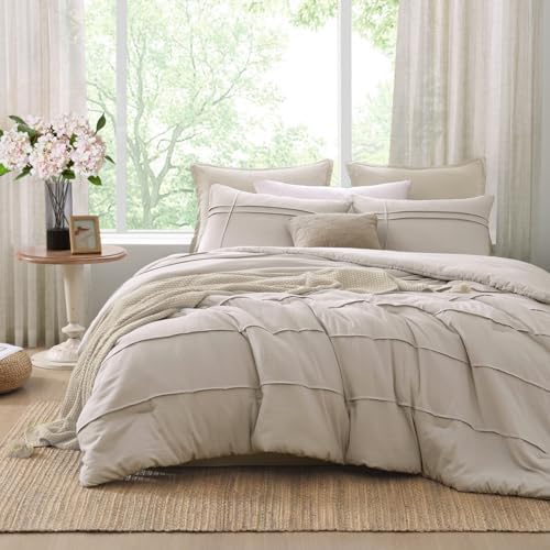Beige Boho Twin XL Comforter Set, 2 Piece Pinch Pleat Boho Bedding Sets, Dorm Twin XL Comforter for College Girls Boys(Beige,66"*90")