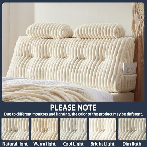 Rycwola Faux Fur Headboard Pillow with 1 Pack Neck Roll Pillow Large Headboard Pillow Soft and Supportive with Removable Cover (Beige, Twin)