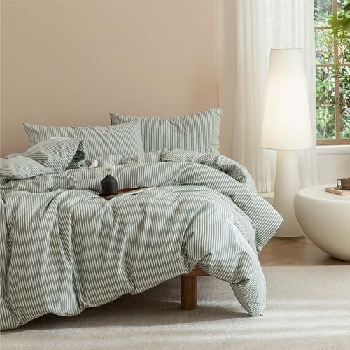 JIYUAN Oversized King Washed Cotton Duvet Cover Set, Linen-Like Pinstripe
