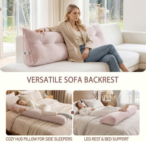 Wedge Headboard Pillow for Back Support, Removable Cover (Pink, Queen)