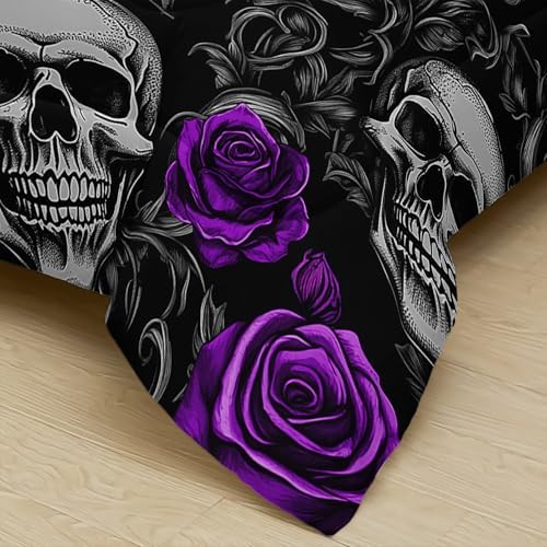 Sugar Skull Full Size Comforter Set Floral Bedding Set,Gothic Skull Bedding Set for Boys Girls,Skeleton Bone Rose Blossoms Print Halloween Quilt Set,Horror Comforter Set for Bedroom Decor