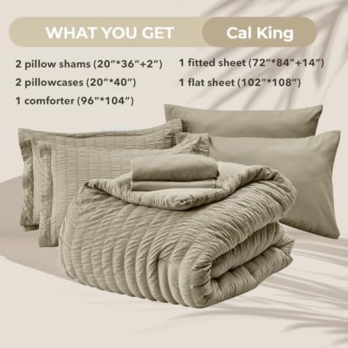HYMOKEGE Linen California King Comforter Set Seersucker 7 Pieces, All Season Luxury Bed in a Bag for Bedroom, Bedding Set with Comforter, Sheets, Pillowcases & Shams