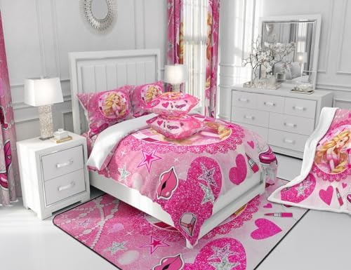 Castle Princess Kids Comforter Set Twin Size,High-heeled Shoes Lip Bowknot Fashion Bedding Set,Girls Women Room Decor,Glitter Stars Sequins Down Comforter,Pink Romantic Duvet Insert,1 Pillowcase