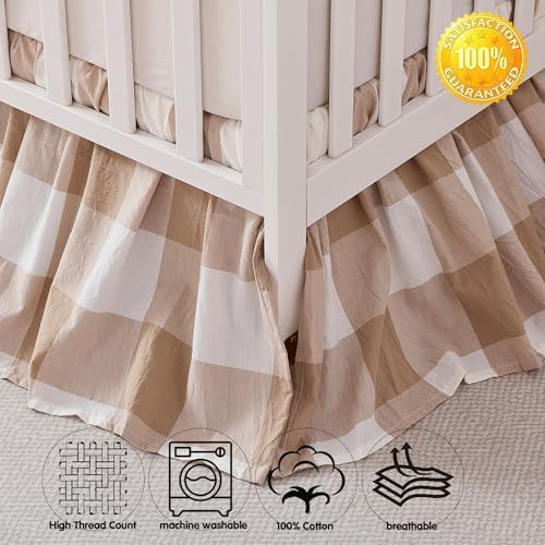 Brandream Gingham Gathered Cotton Crib Skirt for Baby Boy and Girl, Gender Neutral Crib Skirt, 4-Sided, Khaki Buffalo Plaid Check Toddler Bedskirt Farmhouse Chic Nursery Crib Bed Skirt Dust Ruffle